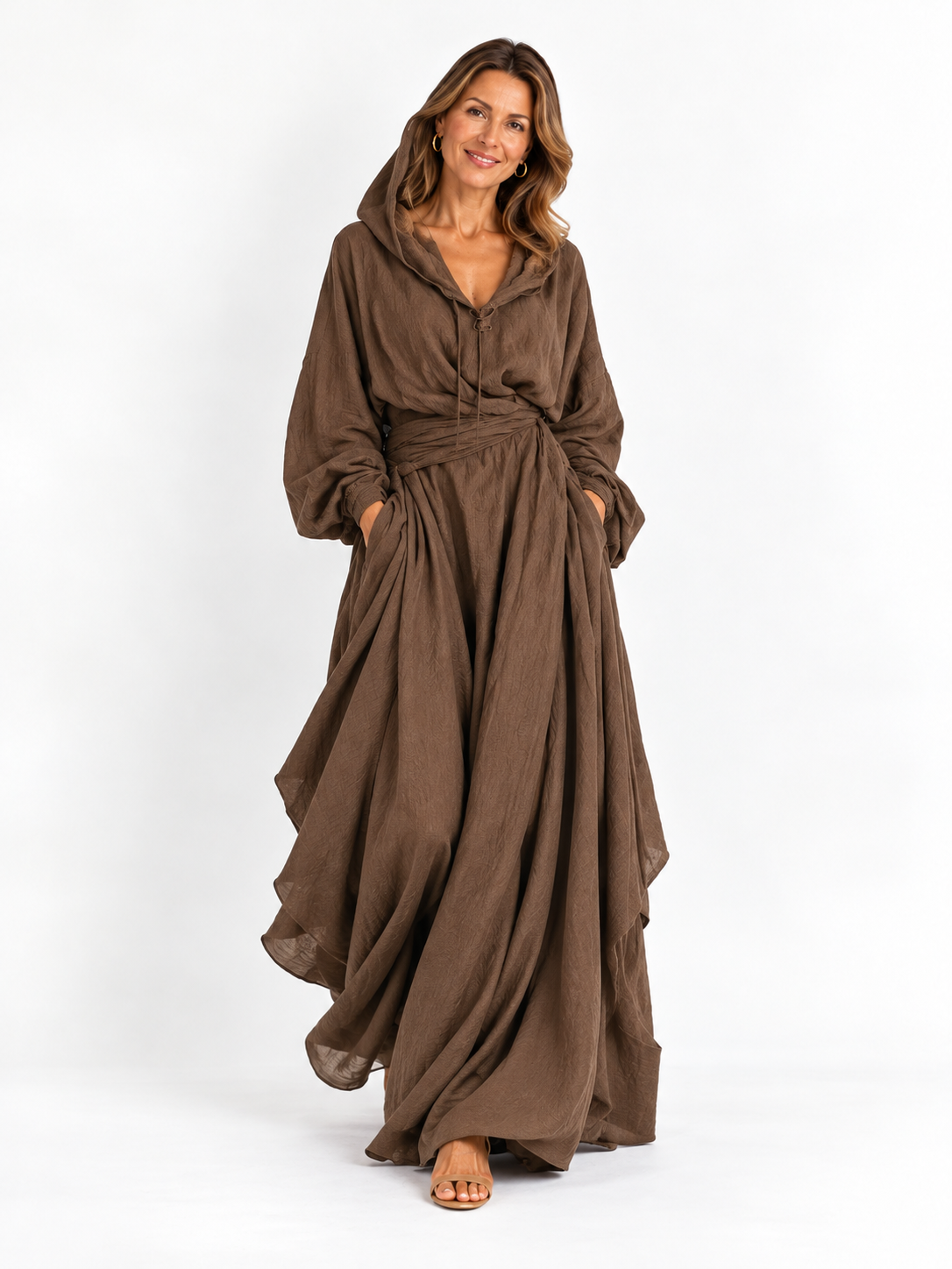 Vestido maxi holgado marrón de mezcla de algodón y lino