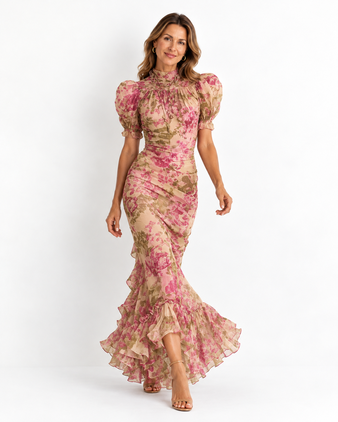 Fiora | Vestido maxi de rosas con mangas abullonadas