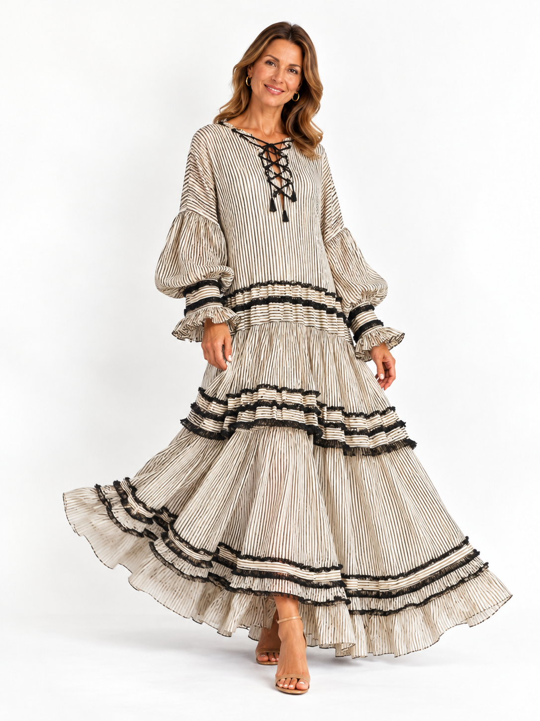 Vestido maxi largo boho de rayas con volantes