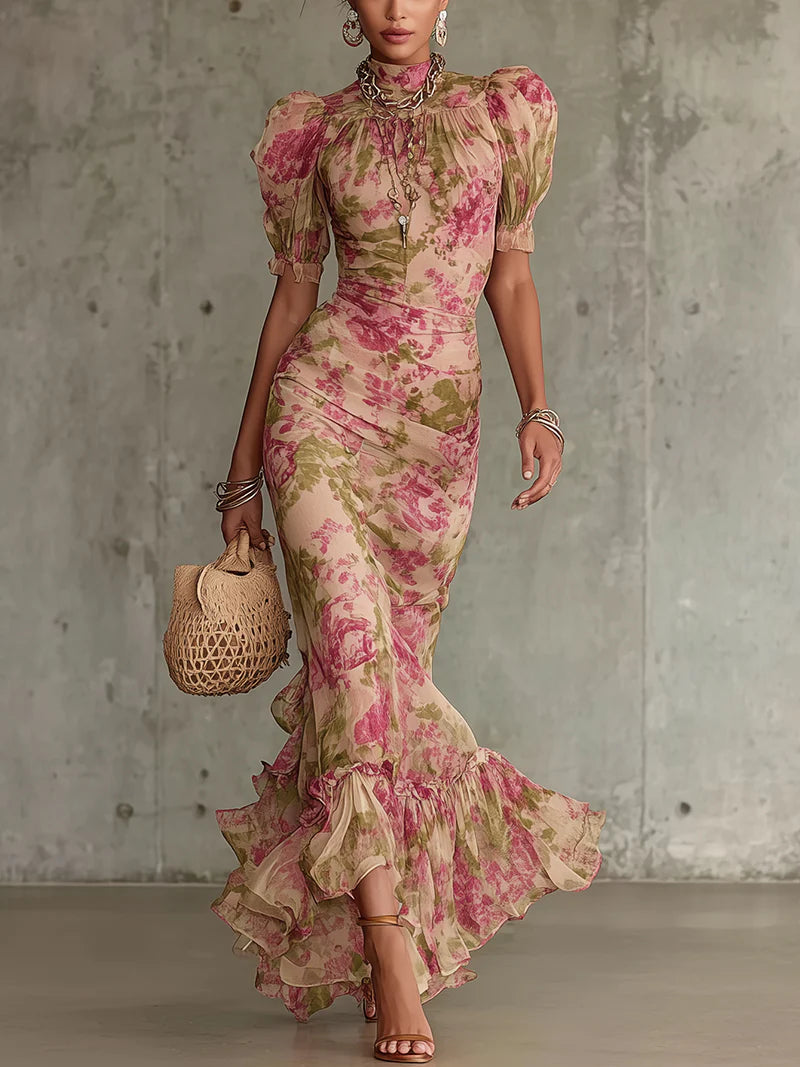 Fiora | Vestido maxi de rosas con mangas abullonadas