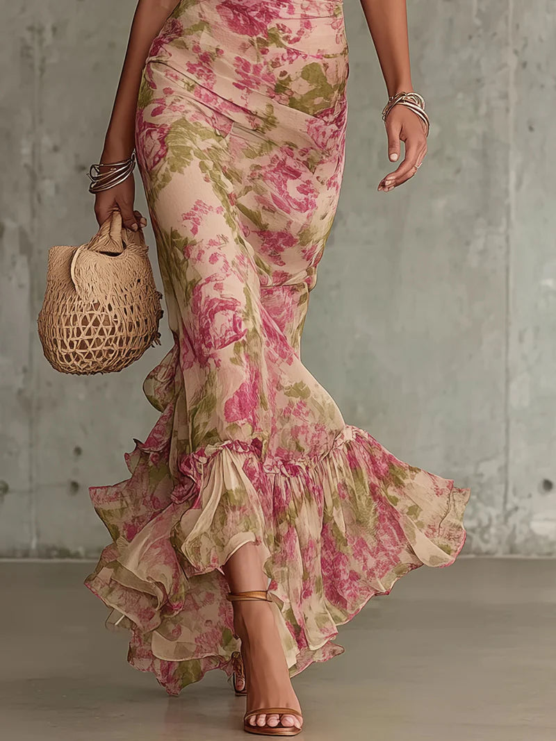 Fiora | Vestido maxi de rosas con mangas abullonadas