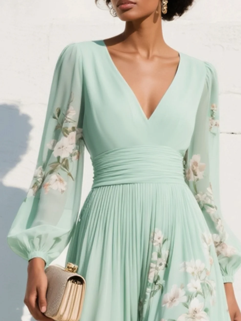 Vestido largo plisado de gasa de flores