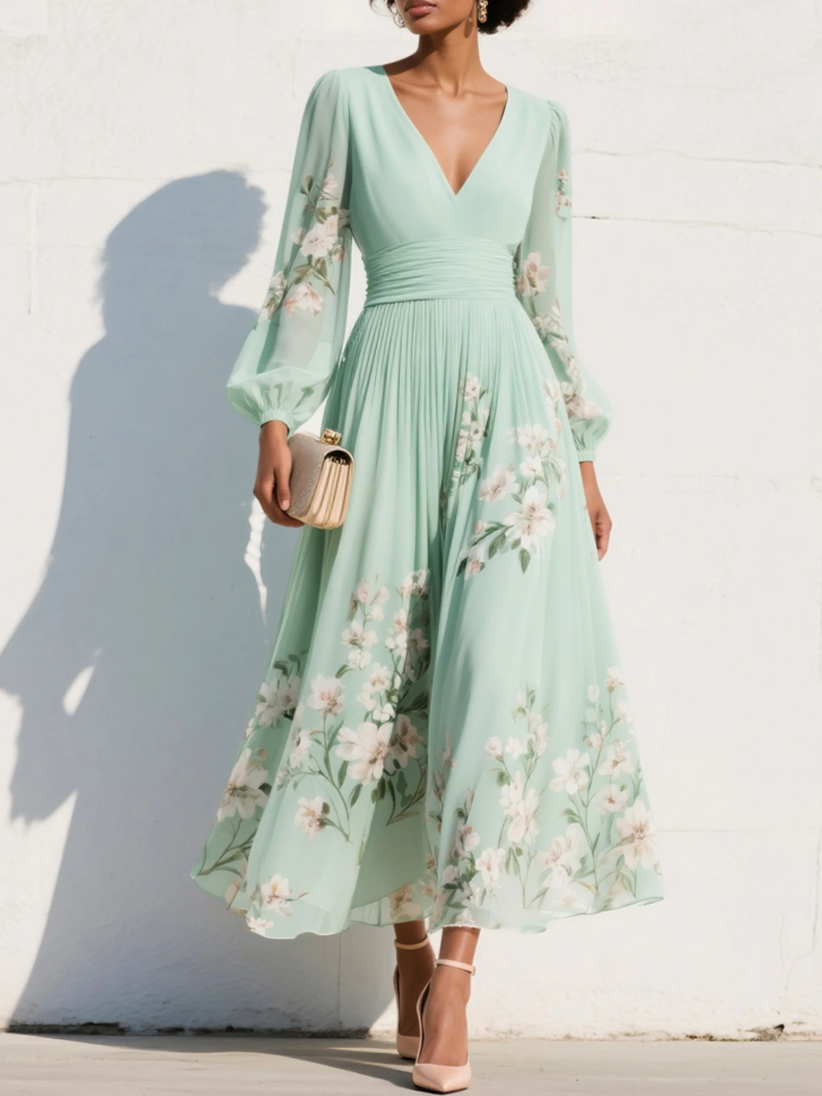 Vestido largo plisado de gasa de flores