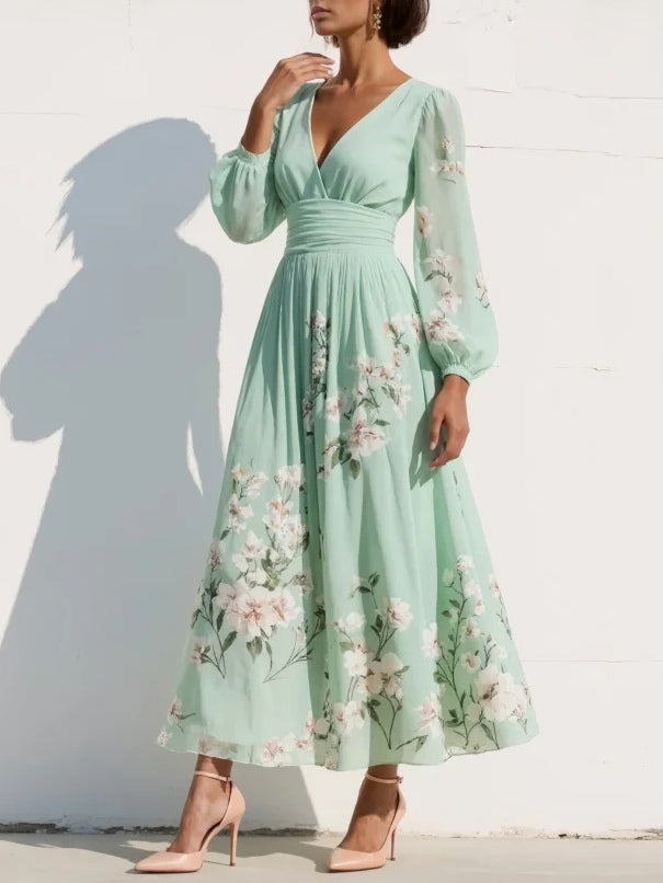 Vestido largo plisado de gasa de flores