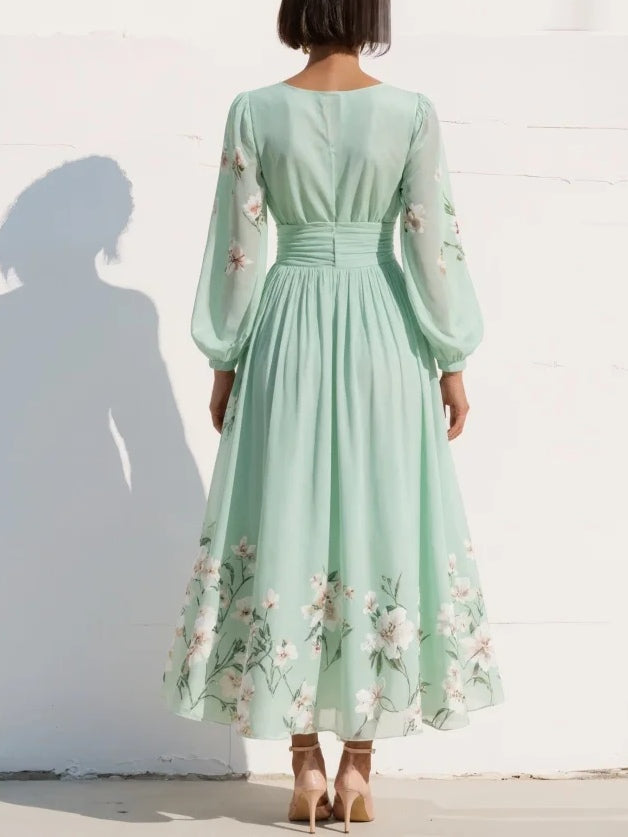 Vestido largo plisado de gasa de flores