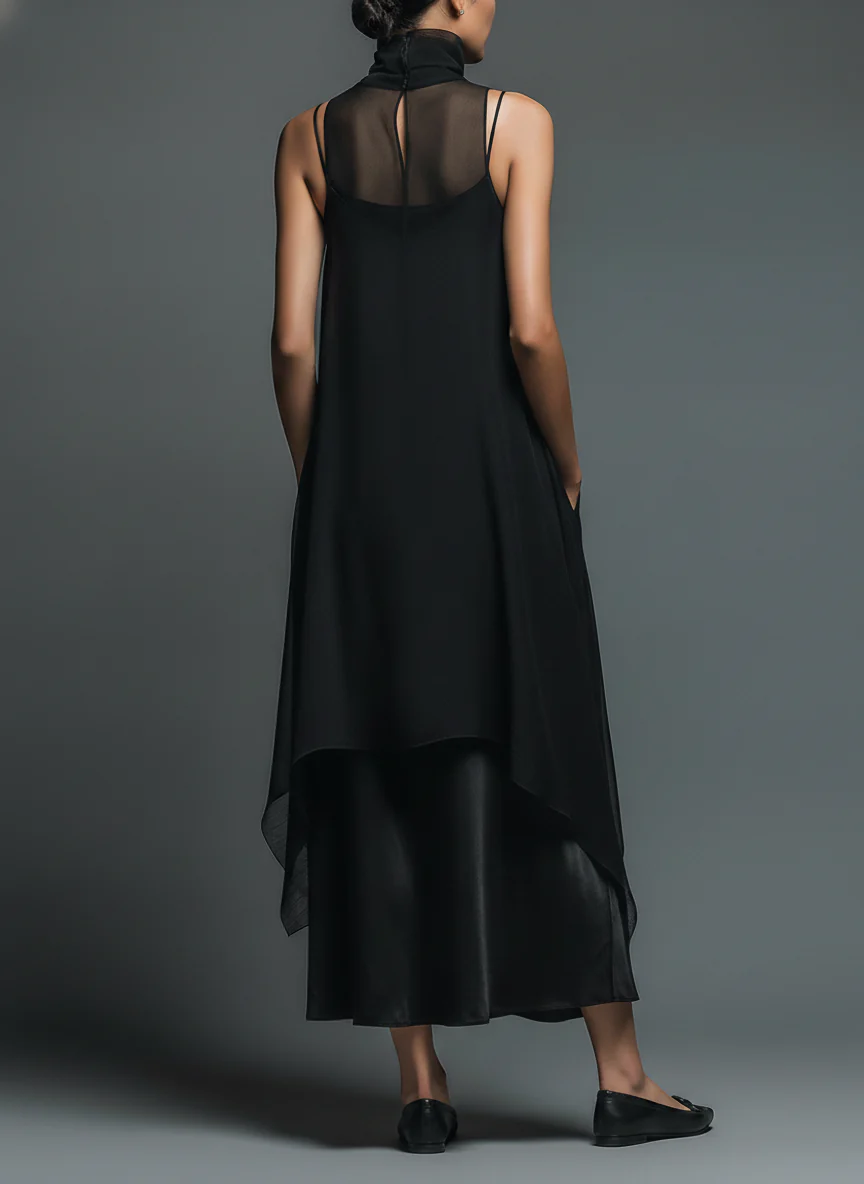 Conjunto de dos piezas: vestido lencero negro minimalista de acetato con sobrevestido largo de gasa