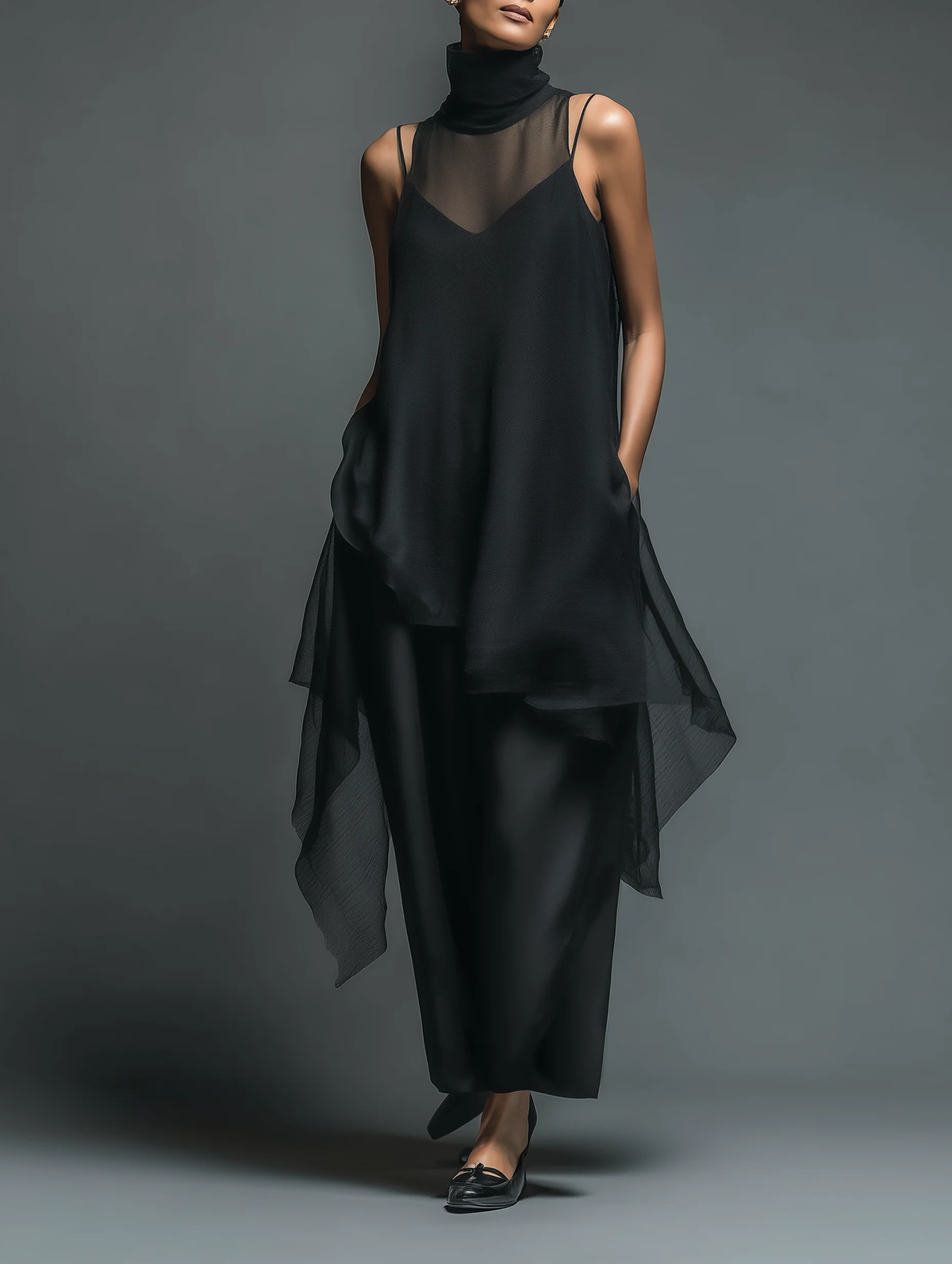 Conjunto de dos piezas: vestido lencero negro minimalista de acetato con sobrevestido largo de gasa
