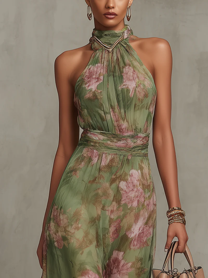 Serena ∙ Vestido largo verde de gasa con estampado floral y cuello halter
