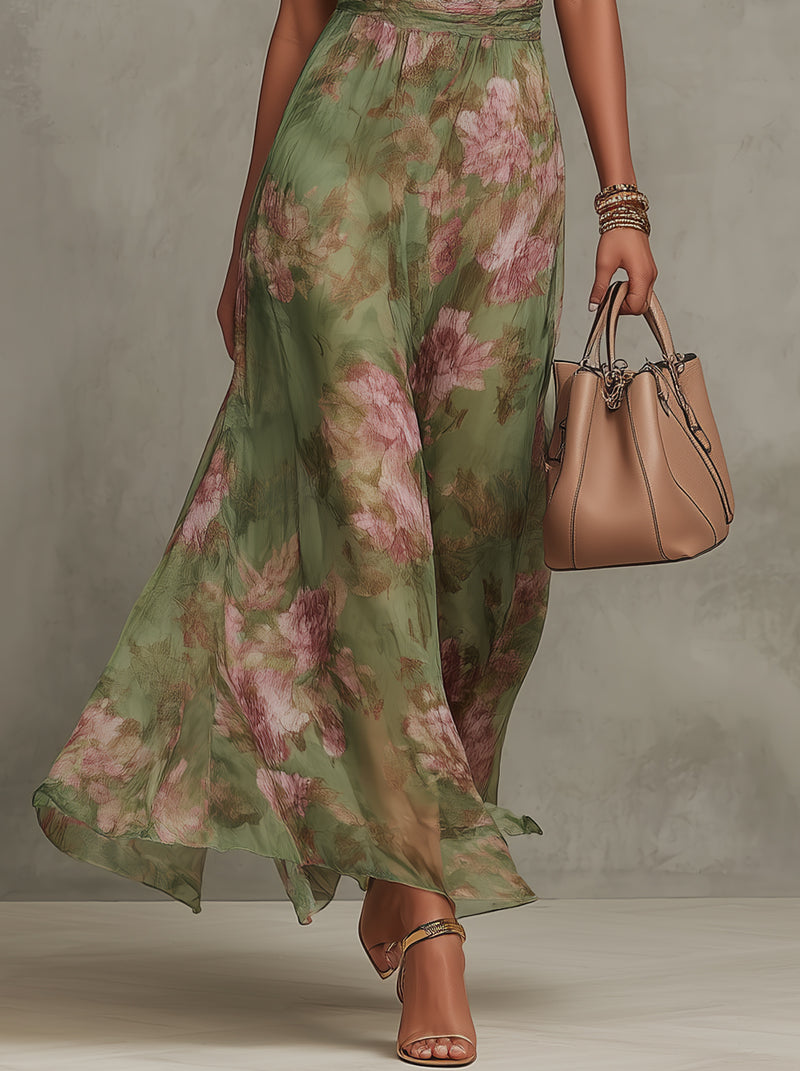 Serena ∙ Vestido largo verde de gasa con estampado floral y cuello halter