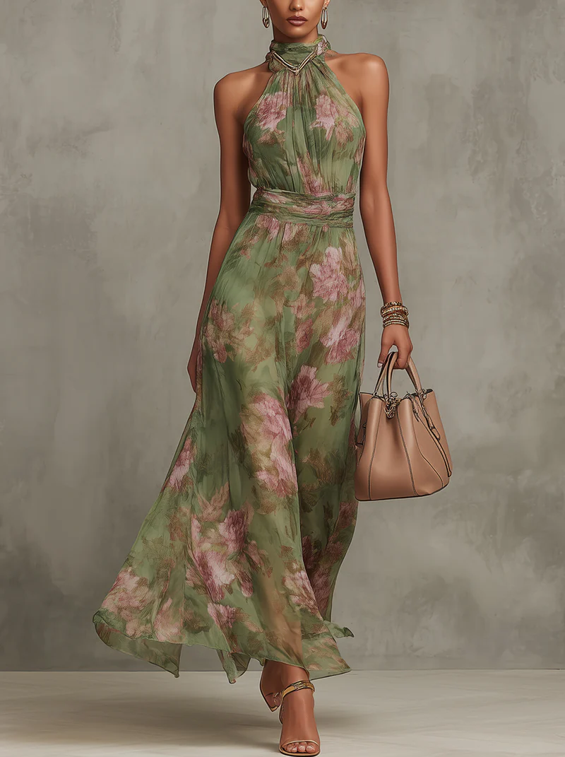 Serena ∙ Vestido largo verde de gasa con estampado floral y cuello halter