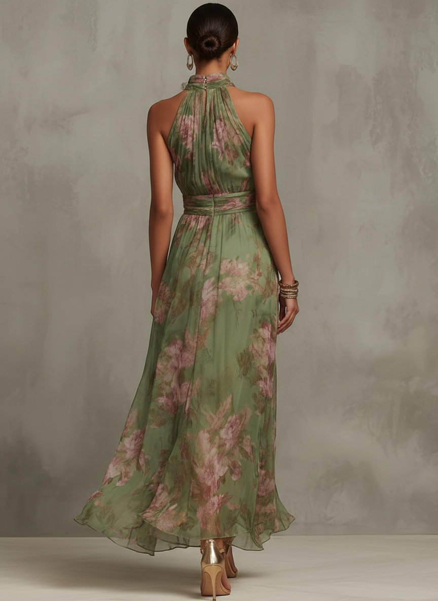 Serena ∙ Vestido largo verde de gasa con estampado floral y cuello halter