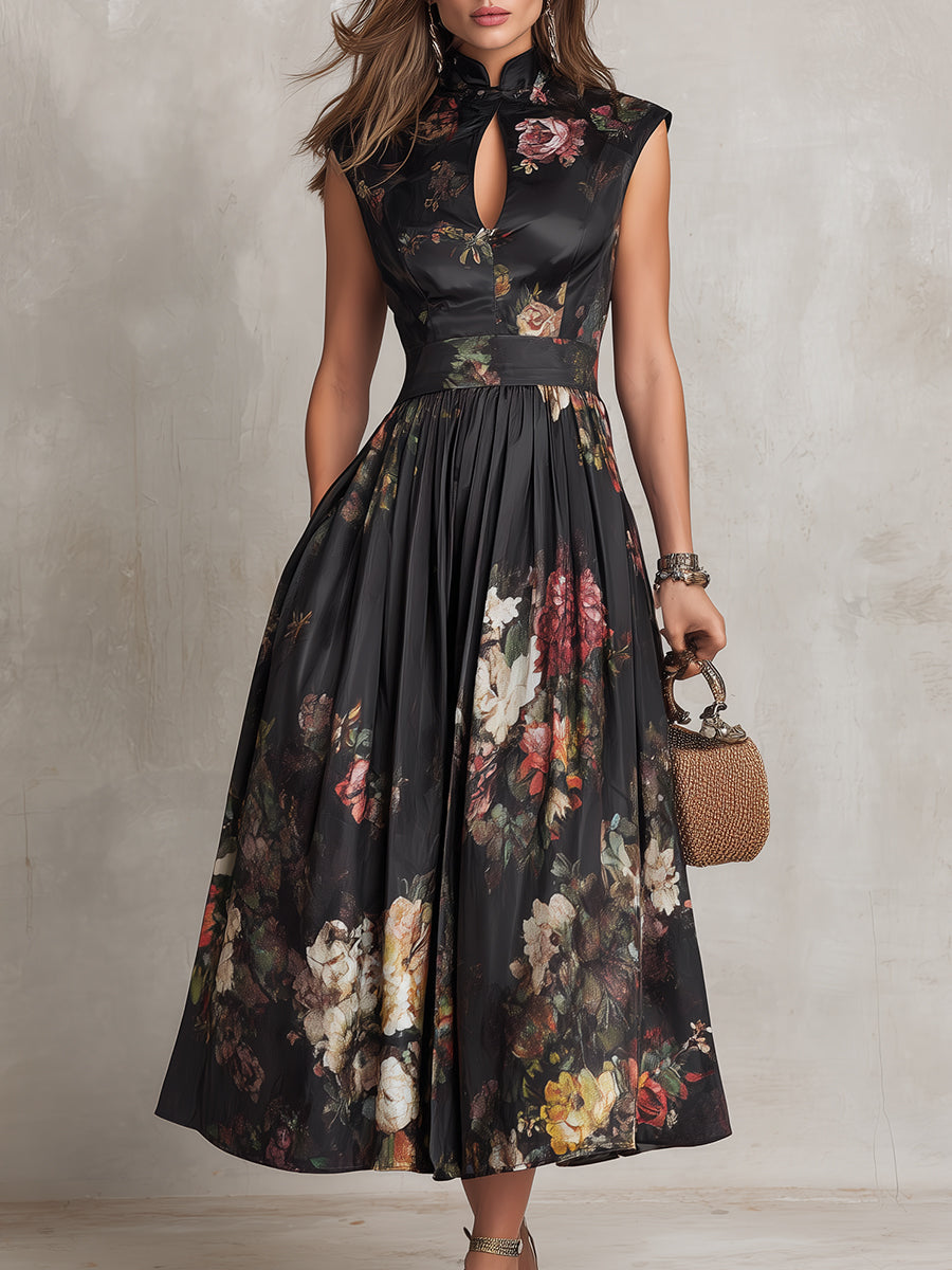 Vestido midi de seda plisado con estampado floral