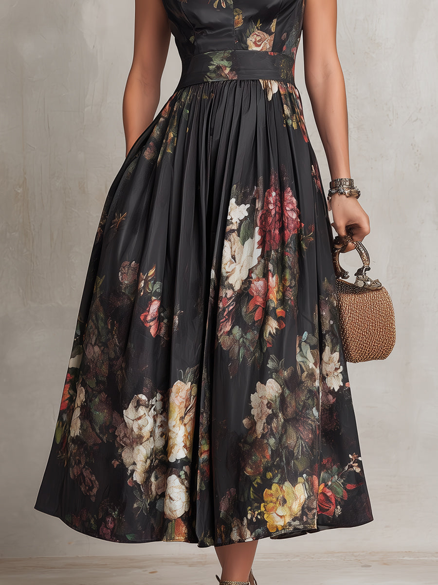 Vestido midi de seda plisado con estampado floral