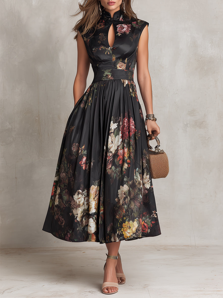 Vestido midi de seda plisado con estampado floral
