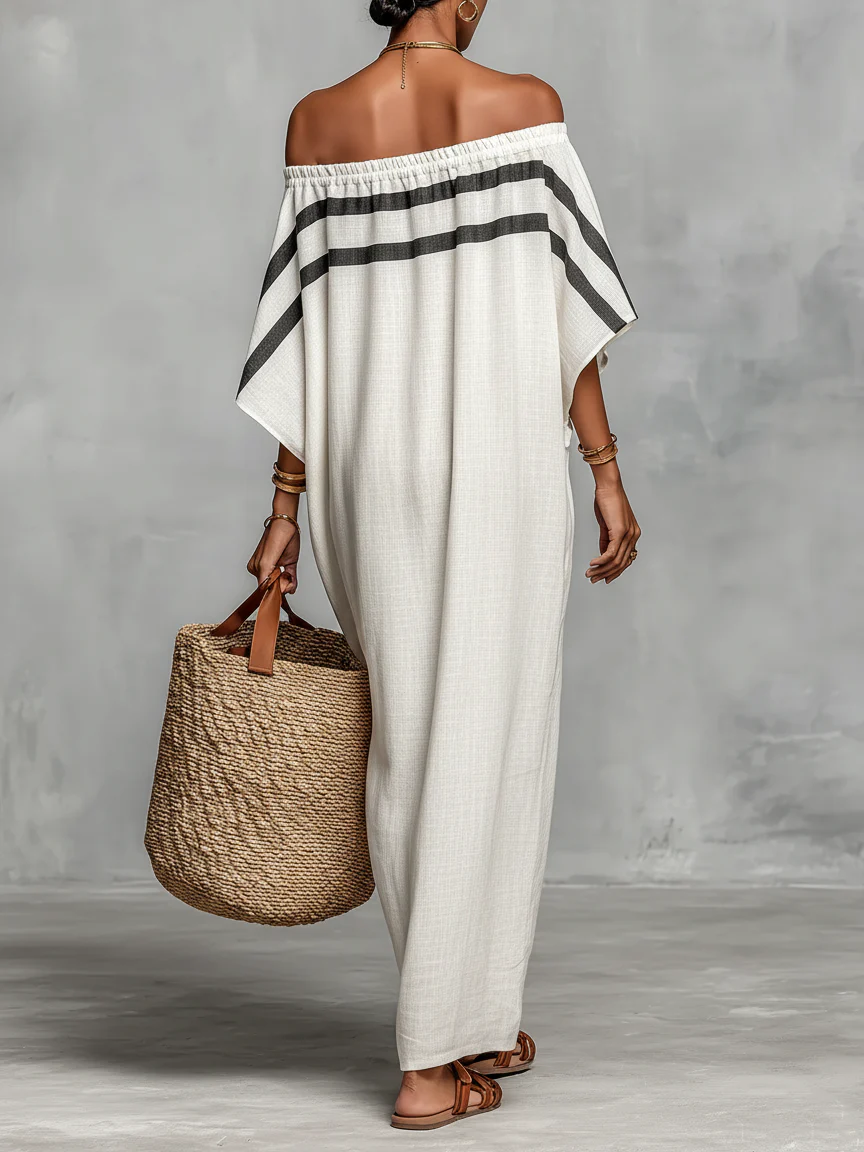 Rossella - Vestido maxi recto blanco con hombros descubiertos y mangas murciélago