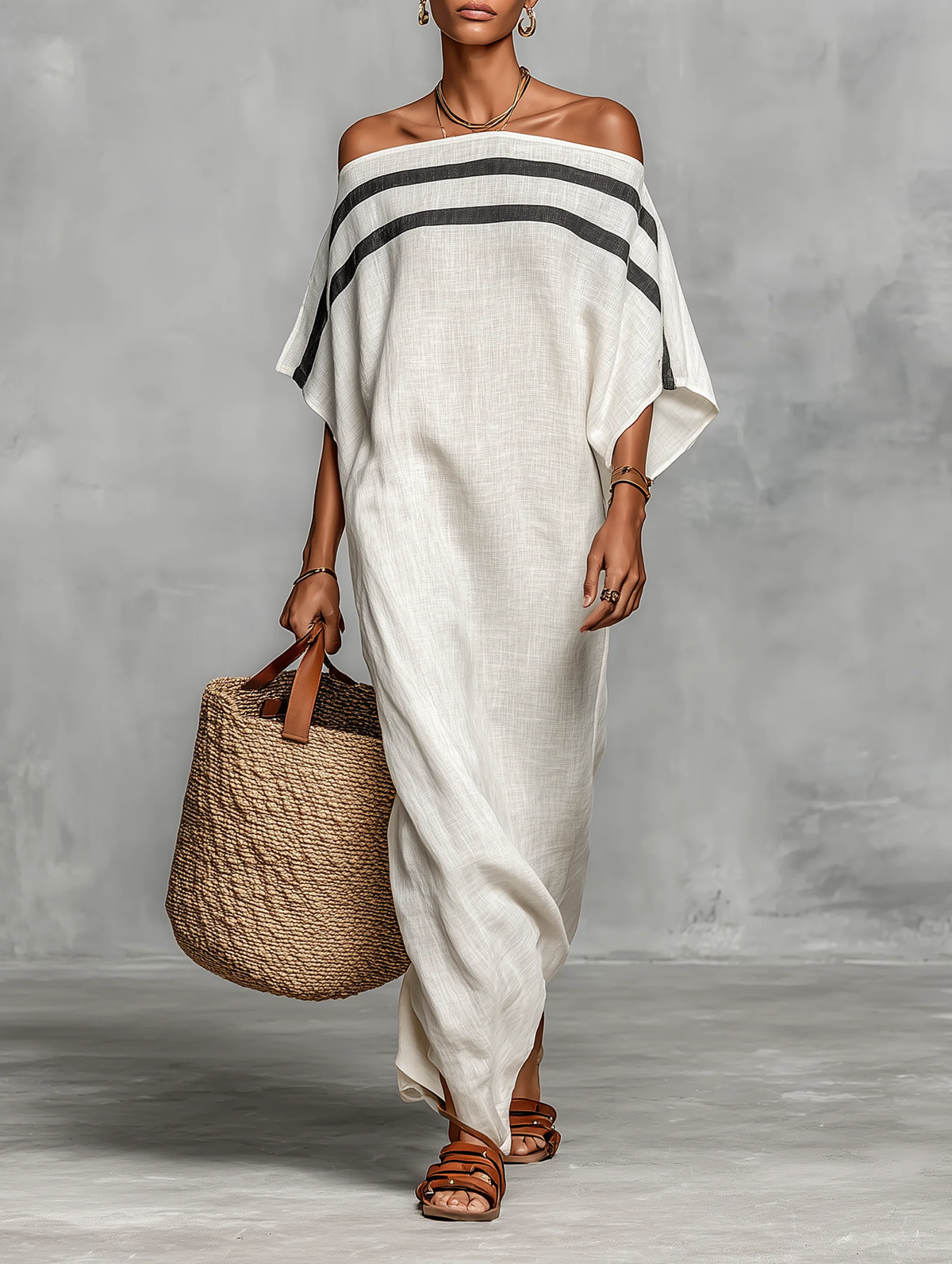 Rossella - Vestido maxi recto blanco con hombros descubiertos y mangas murciélago