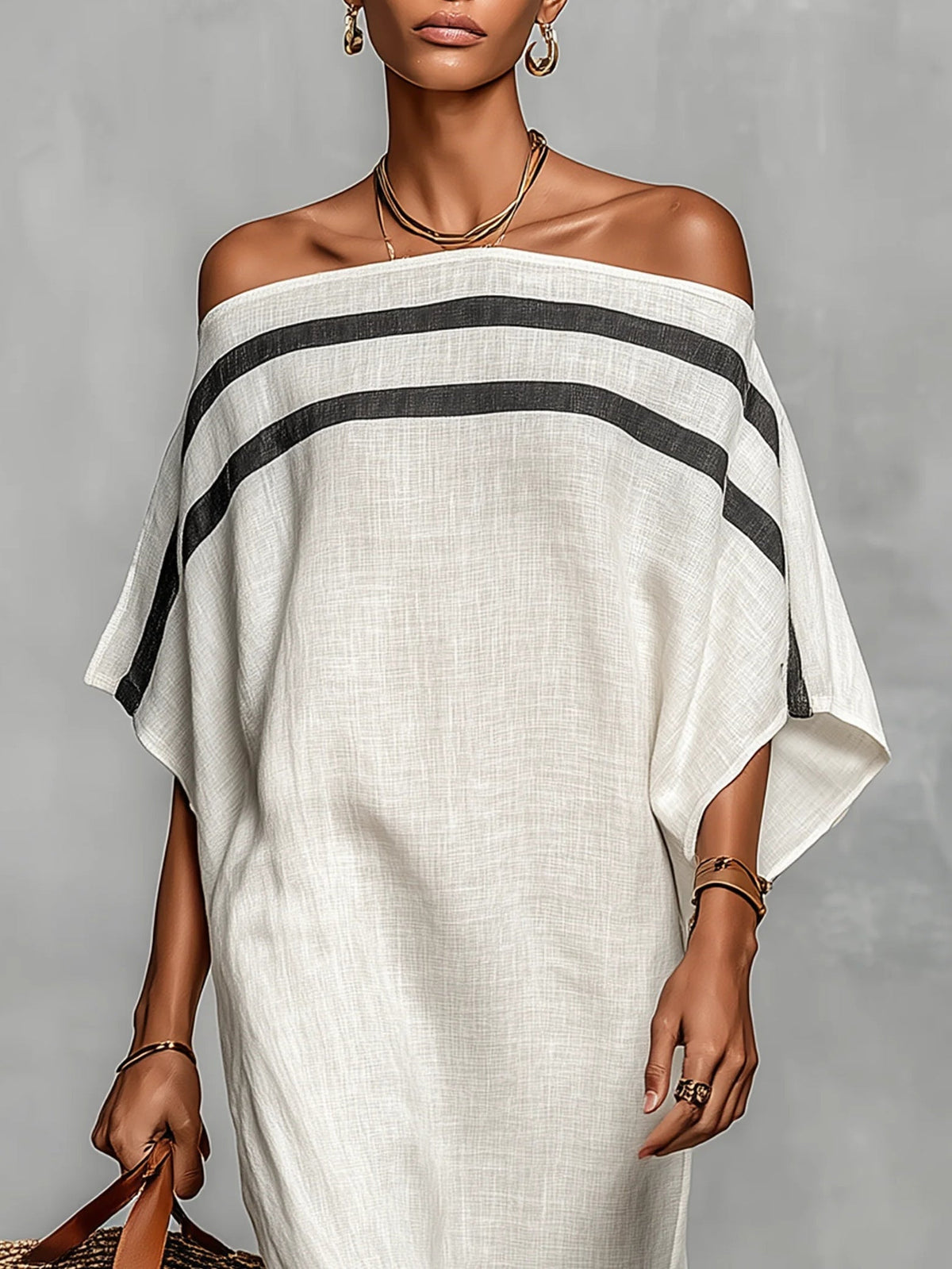 Rossella - Vestido maxi recto blanco con hombros descubiertos y mangas murciélago