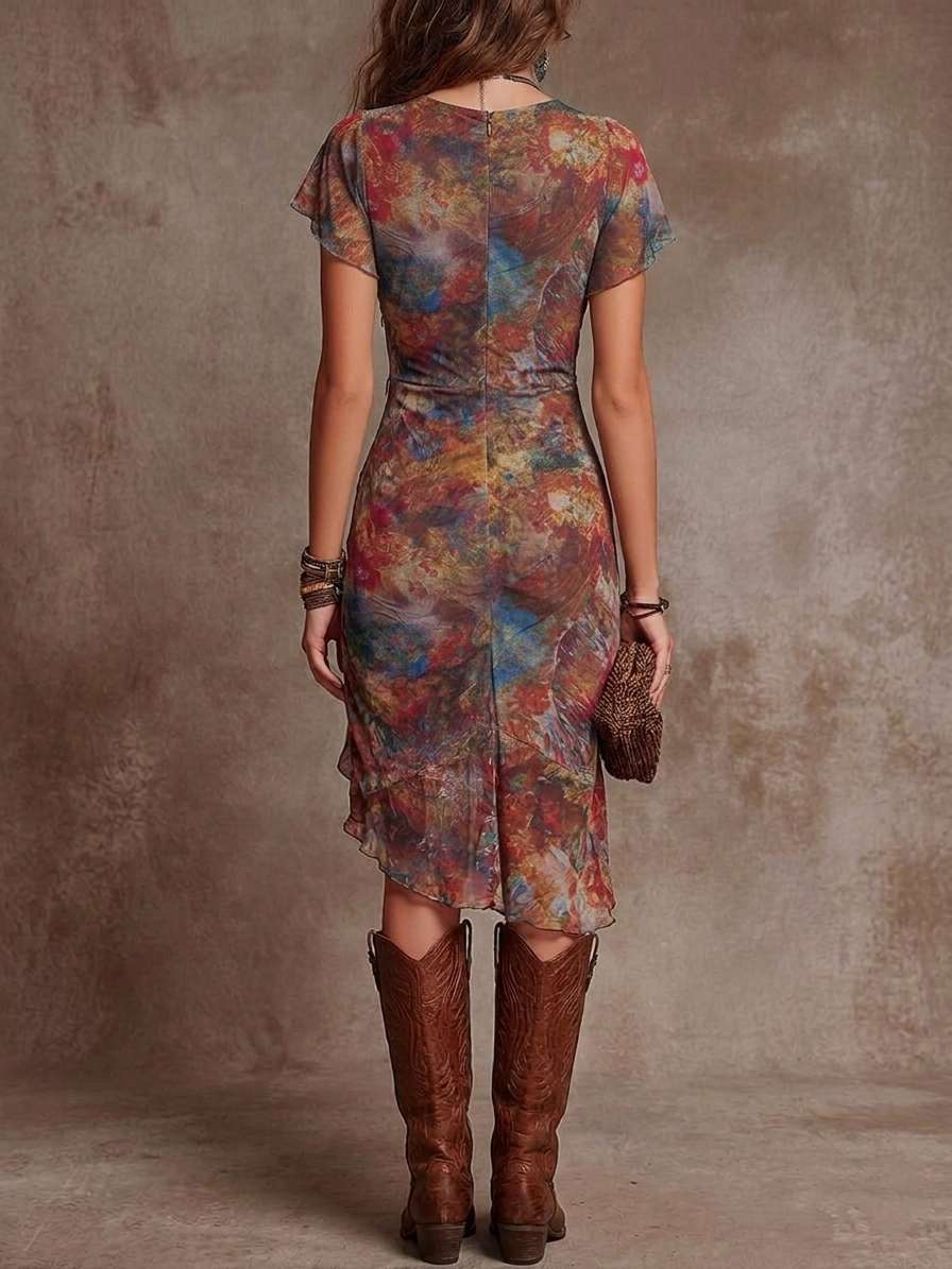 Martina · Vestido midi plisado con escote en V y estampado artístico abstracto de estilo boho