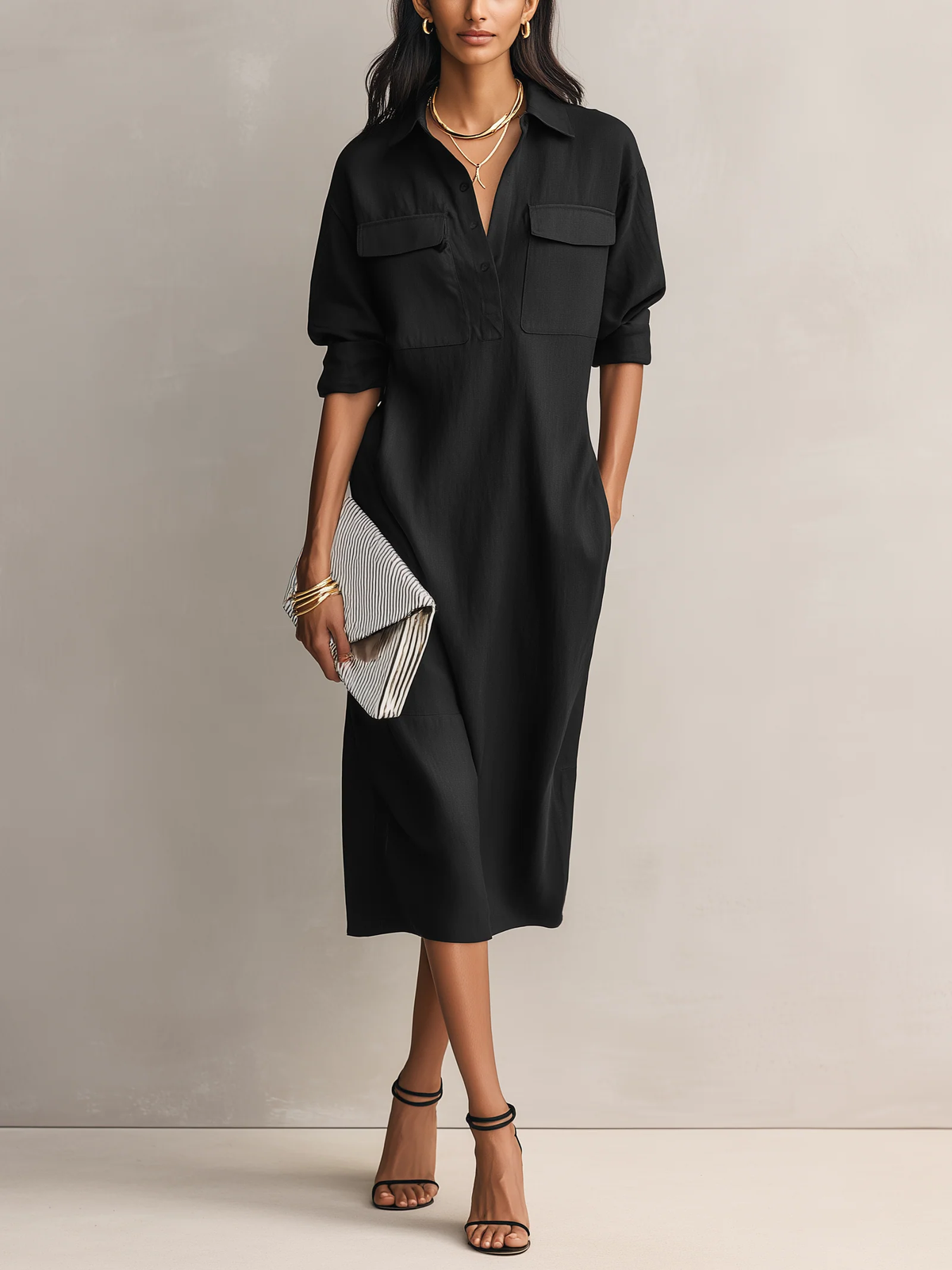Valentina - Vestido midi negro de mezcla de algodón y lino con cuello camisero y mangas largas