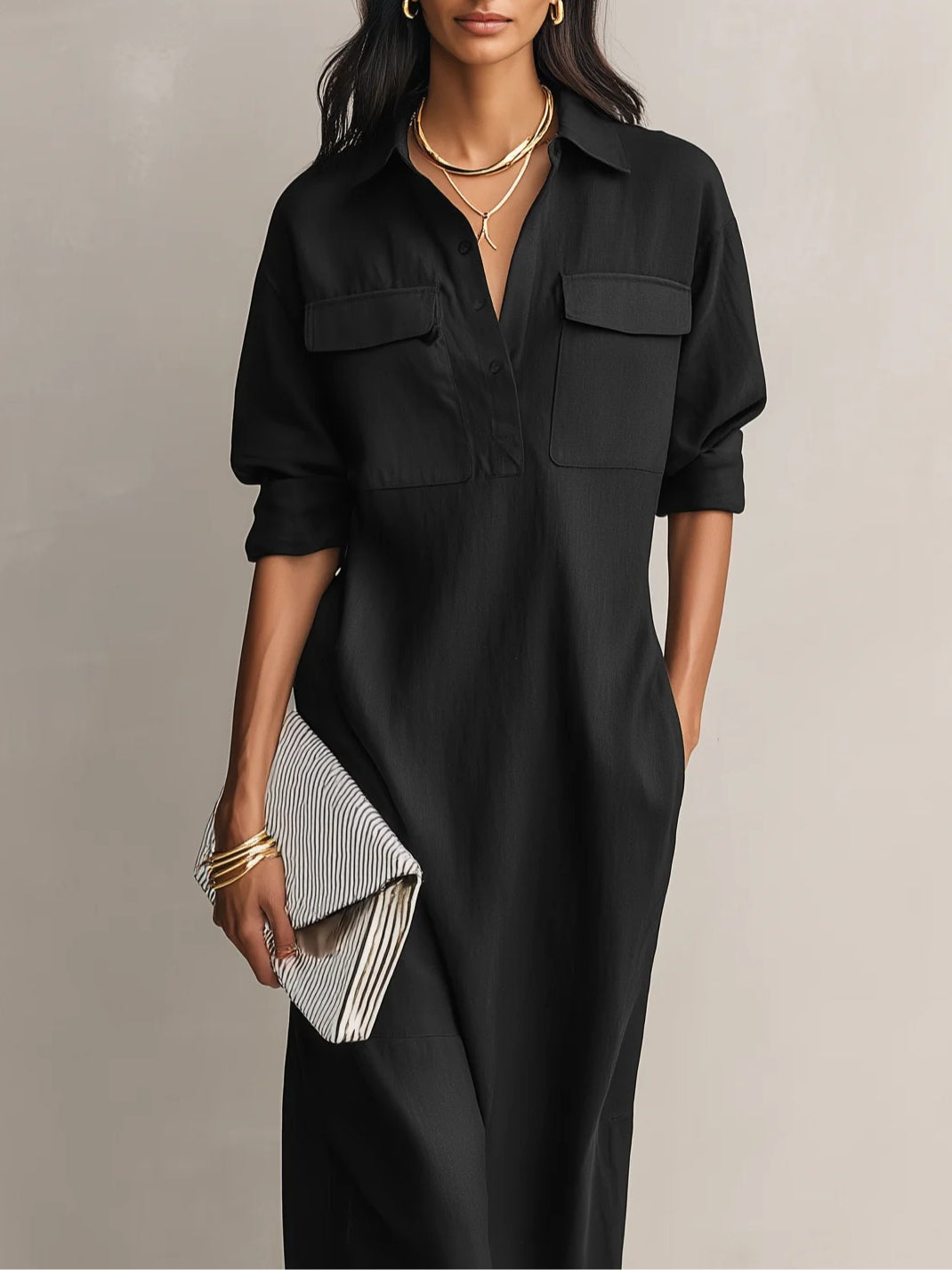 Valentina - Vestido midi negro de mezcla de algodón y lino con cuello camisero y mangas largas