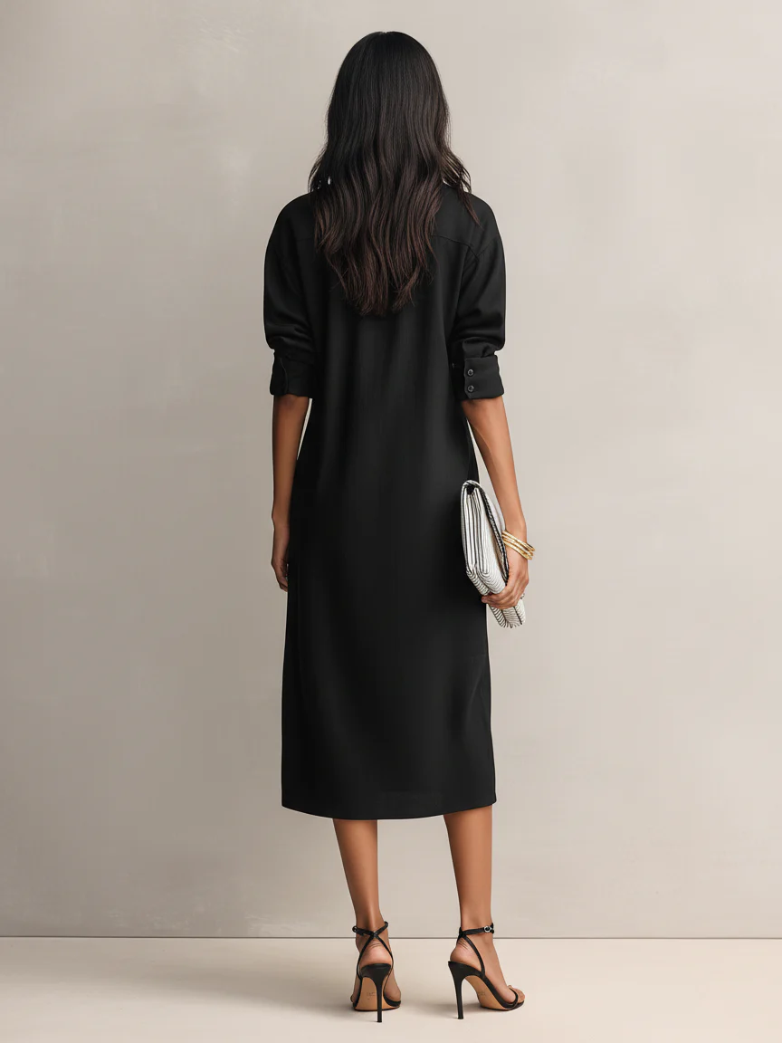Valentina - Vestido midi negro de mezcla de algodón y lino con cuello camisero y mangas largas