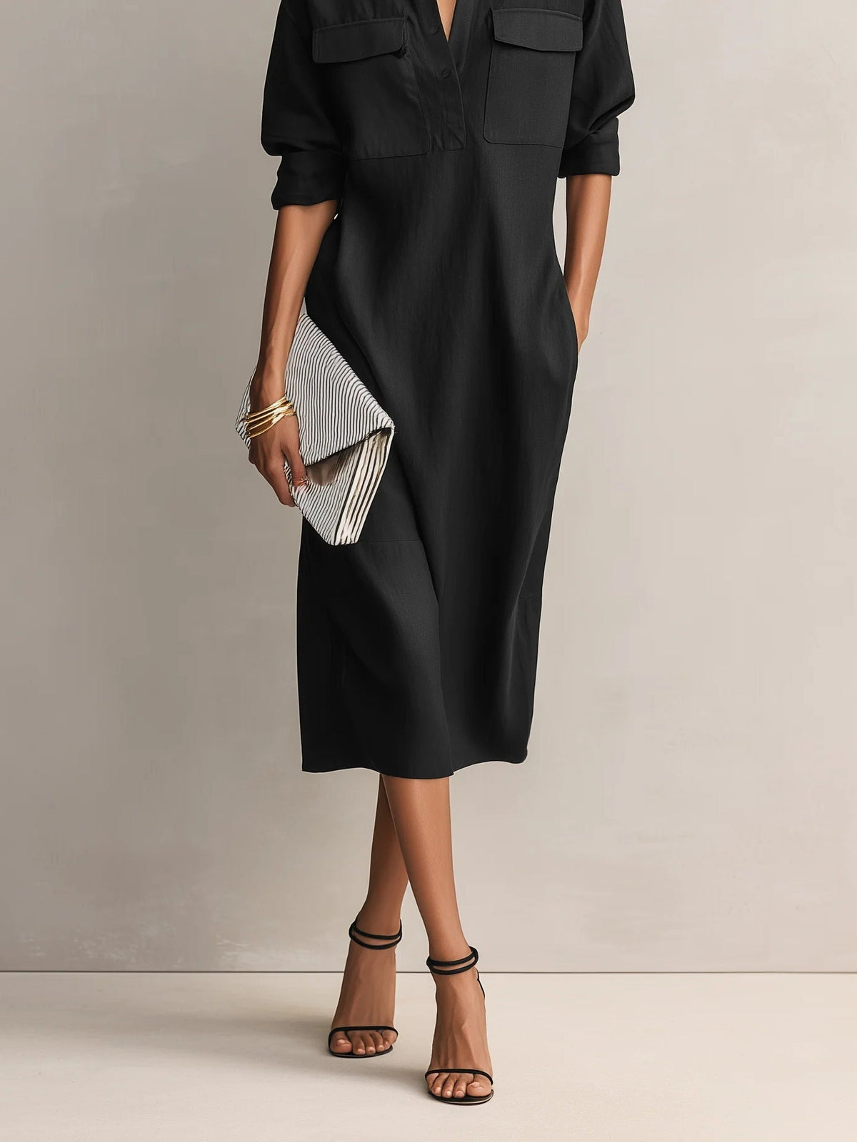 Valentina - Vestido midi negro de mezcla de algodón y lino con cuello camisero y mangas largas