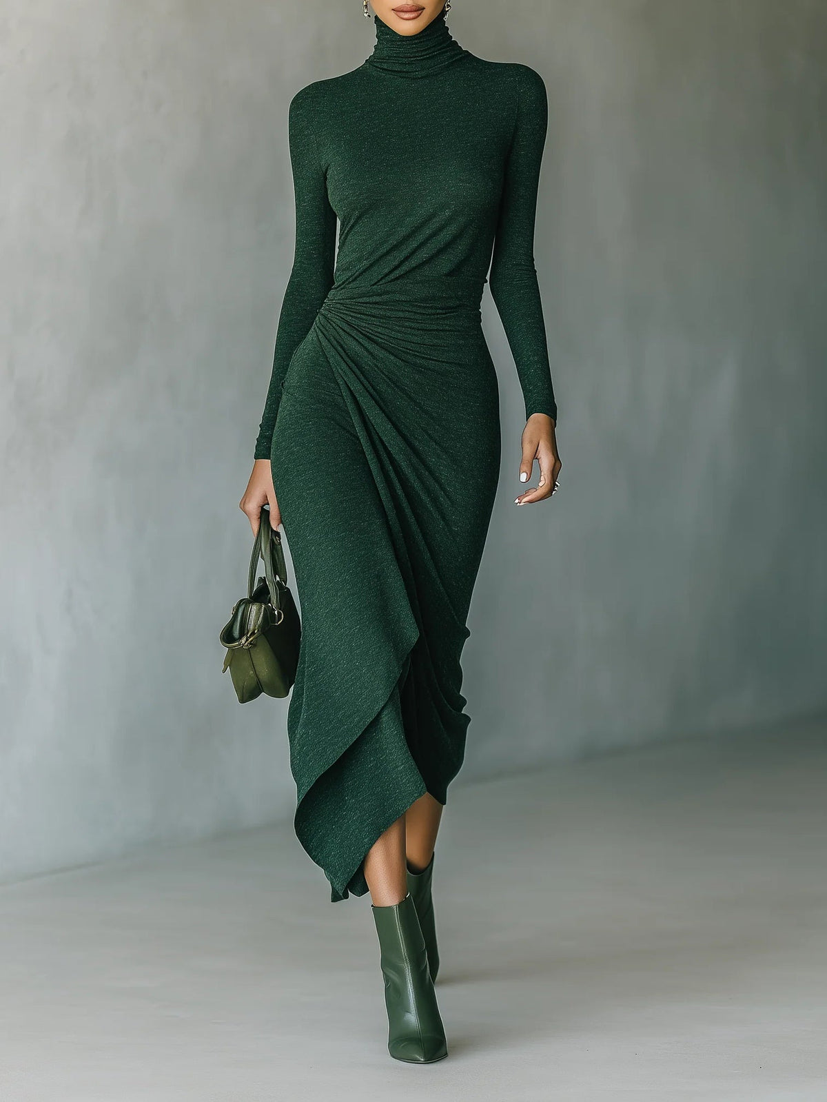 Lenora ∙ Vestido midi cruzado asimétrico con pliegues y cuello alto verde oscuro