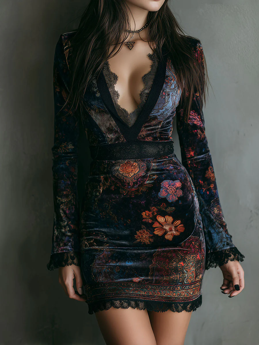 Liora ❘ Minivestido floral de terciopelo con encaje