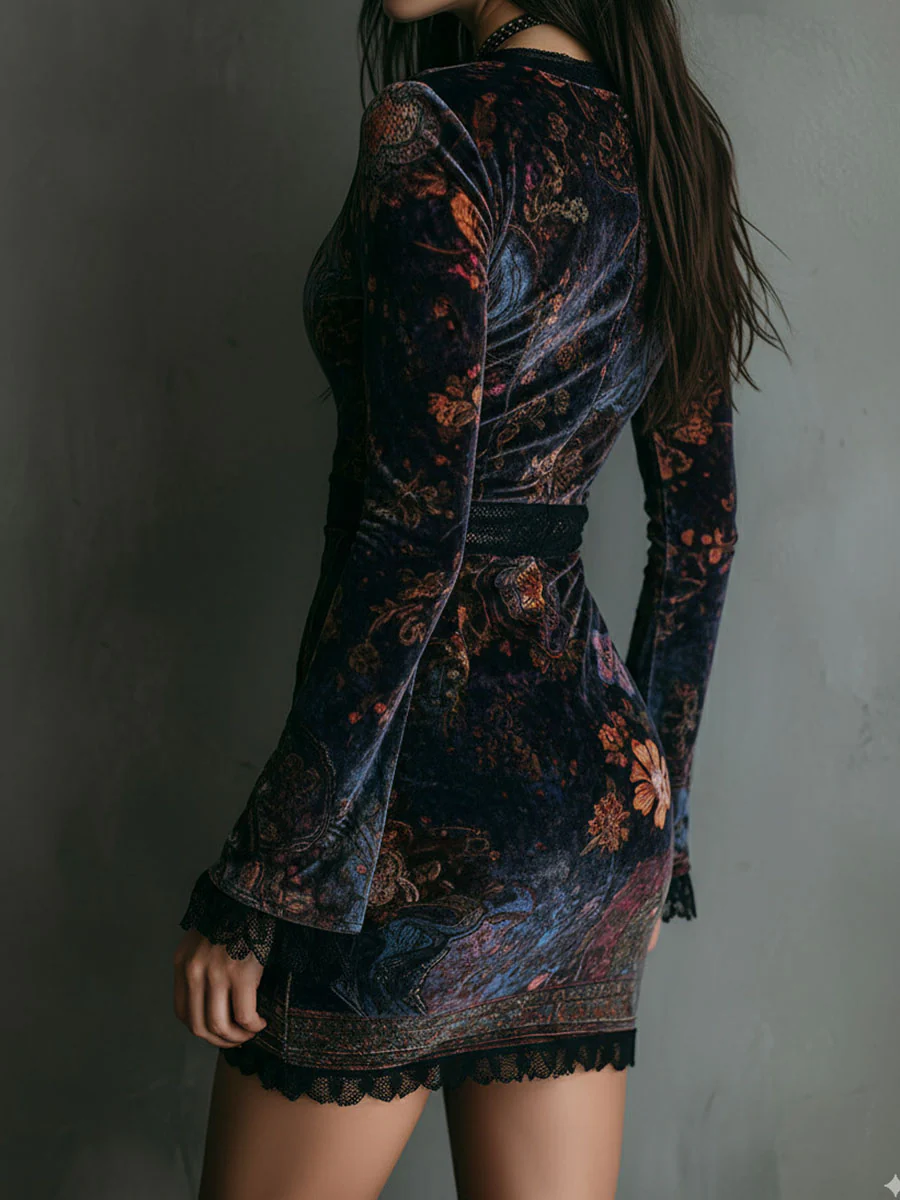 Liora ❘ Minivestido floral de terciopelo con encaje