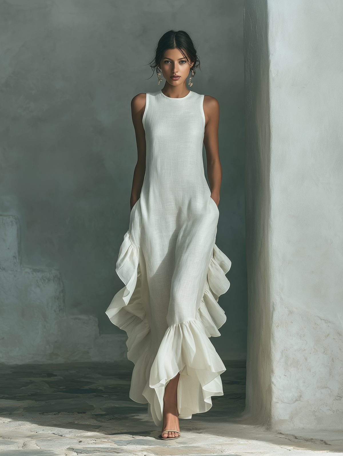 Vestido maxi sin mangas de lino marfil con cuello redondo y bajo de volantes