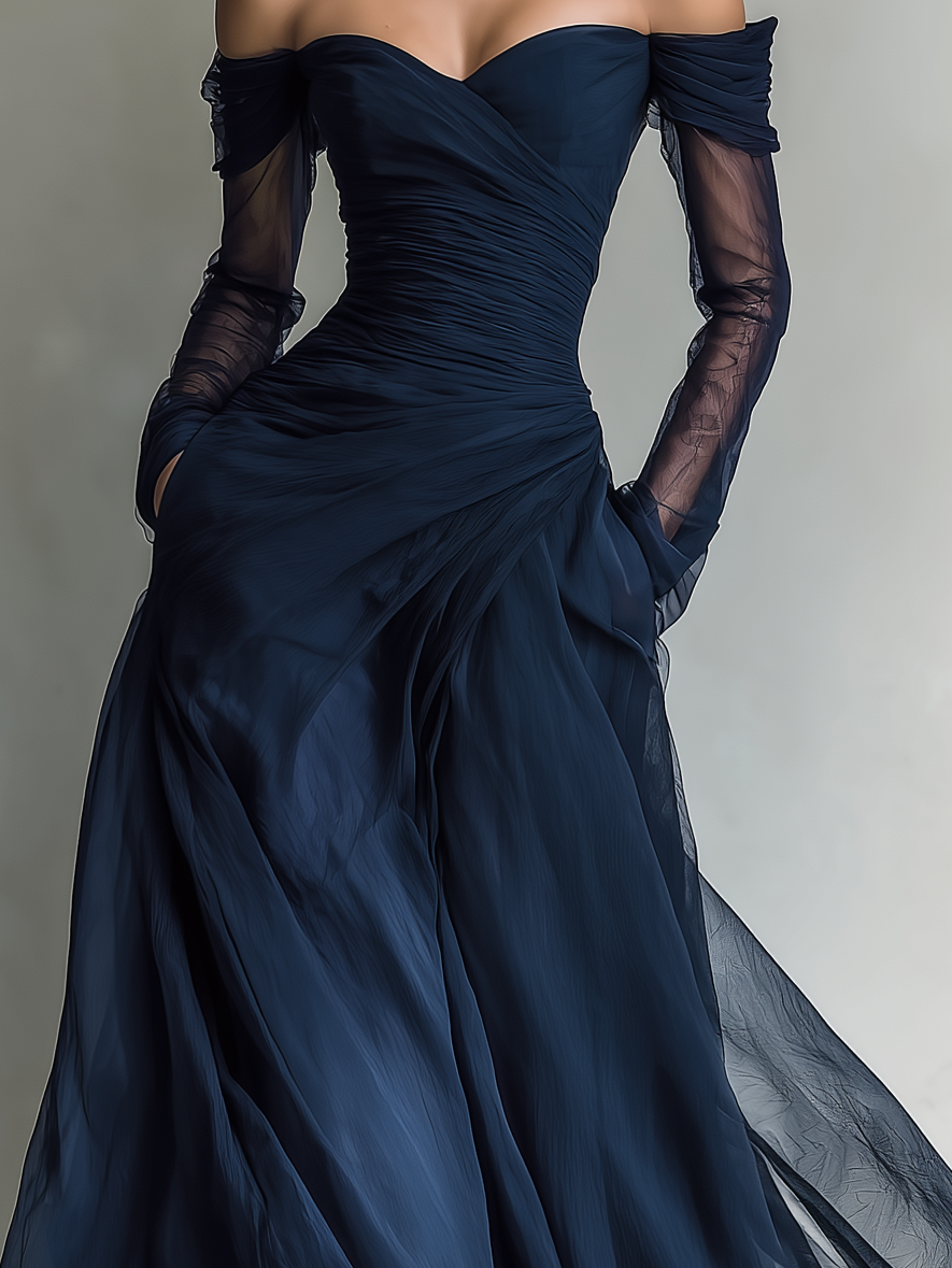Vestido largo elegante de gasa organza azul oscuro con mangas largas y hombros descubiertos