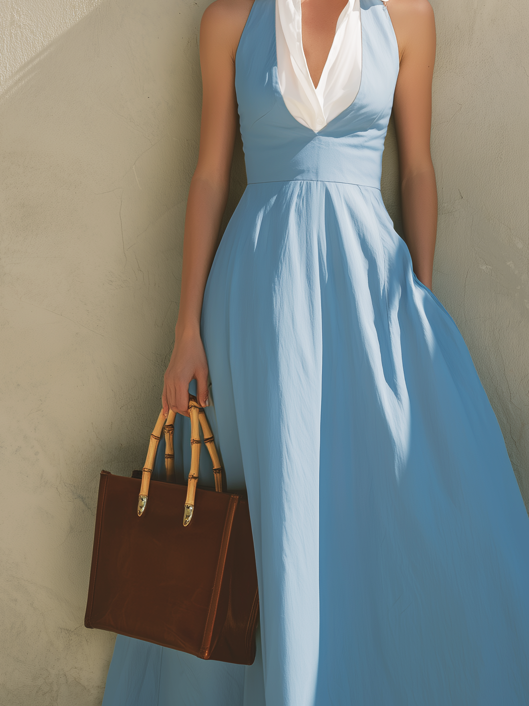 Vestido largo sin mangas azul claro con elegante cuello camisero