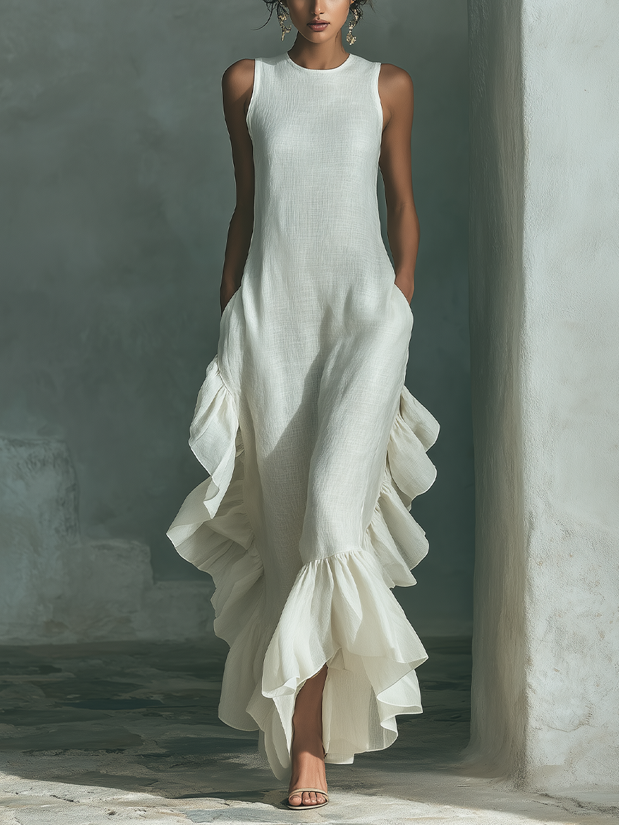 Vestido maxi sin mangas de lino marfil con cuello redondo y bajo de volantes