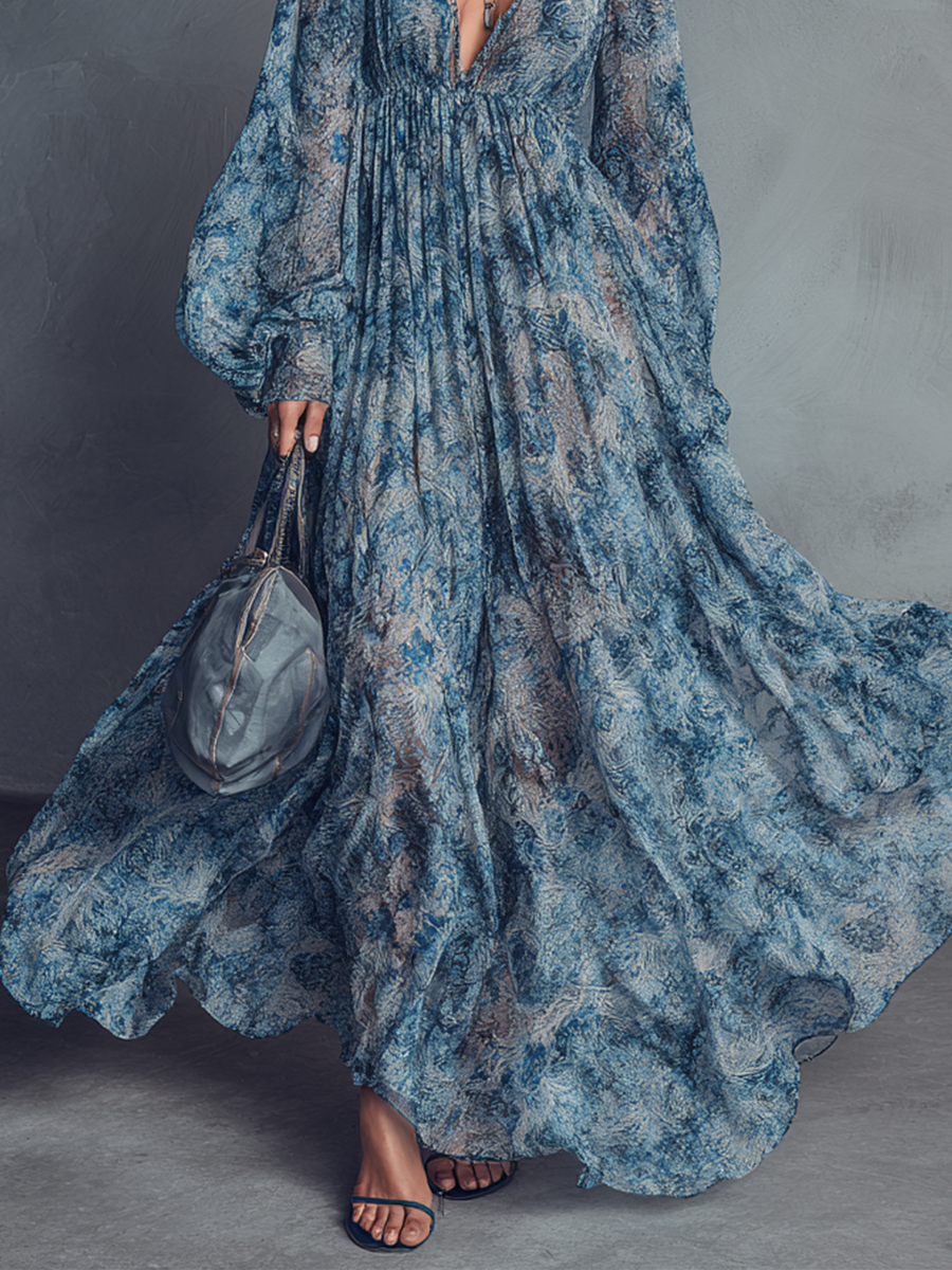 Vestido maxi boho de gasa con estampado floral azul, escote en V y mangas farol