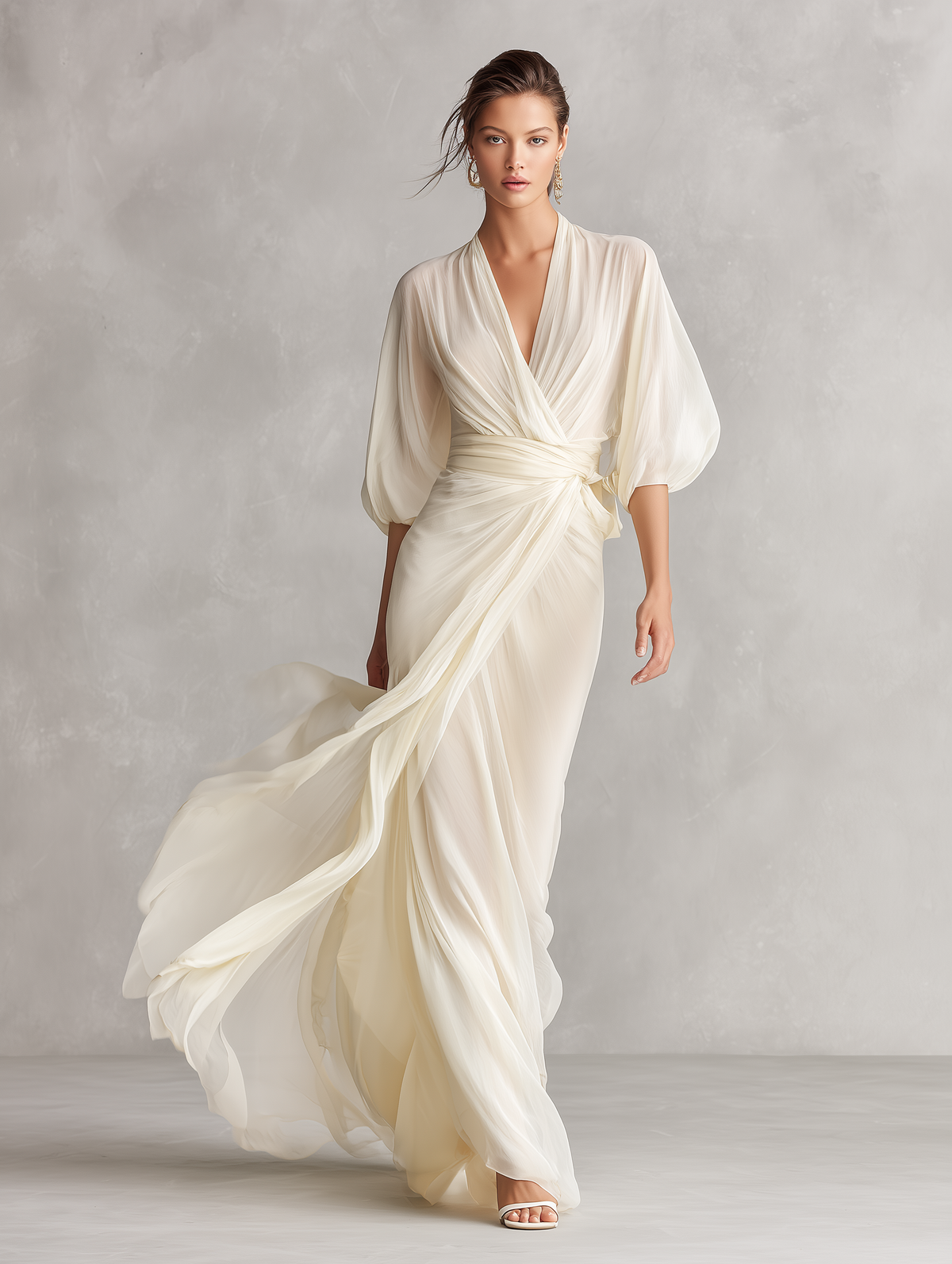 Vestido de gasa transparente marfil con mangas voluminosas y detalle cruzado, estilo romántico y lujoso atemporal