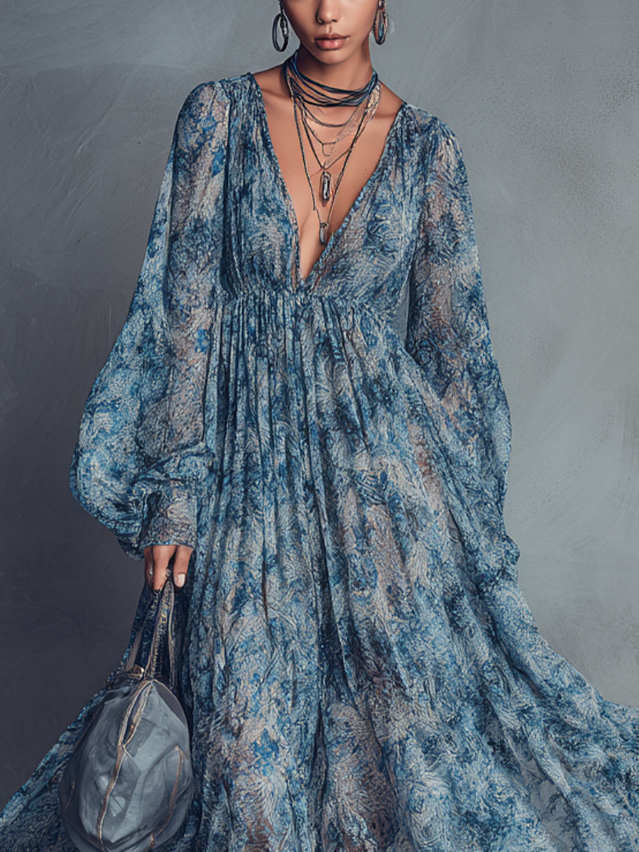 Vestido maxi boho de gasa con estampado floral azul, escote en V y mangas farol