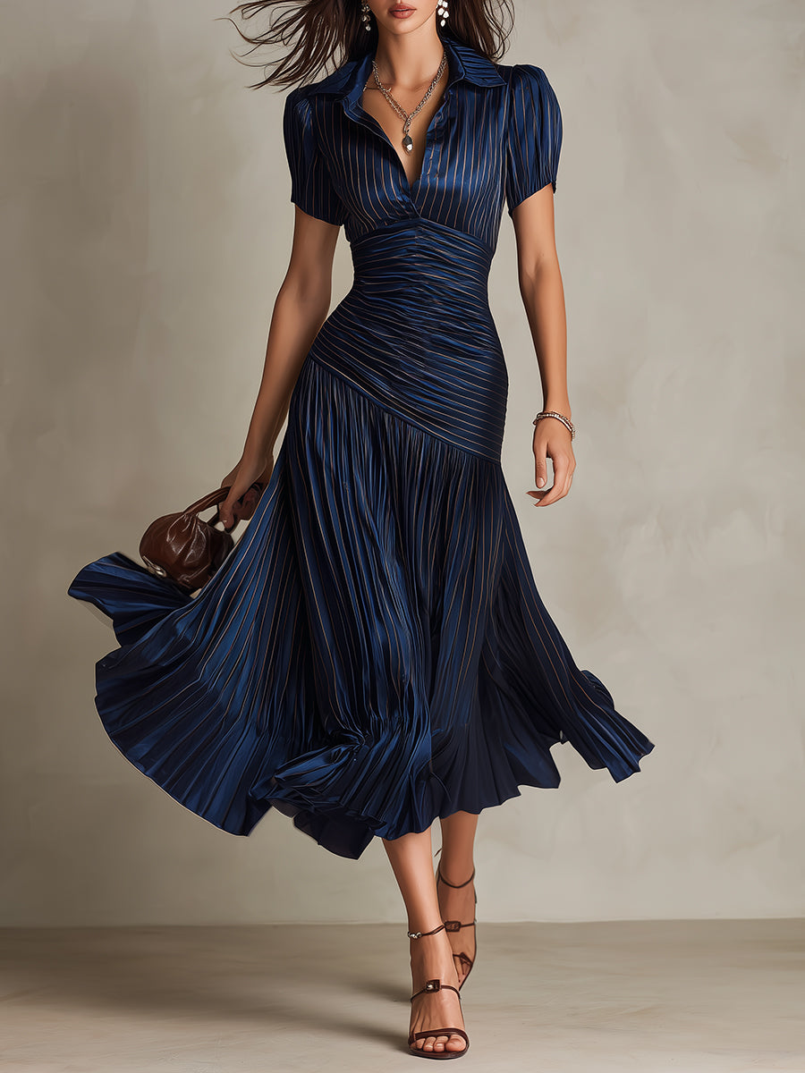 Adriana - Vestido midi satinado de rayas retro