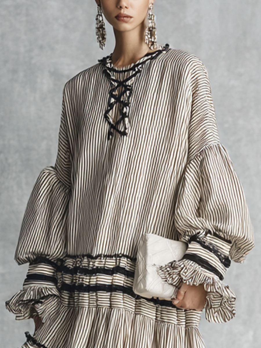 Vestido maxi largo boho de rayas con volantes