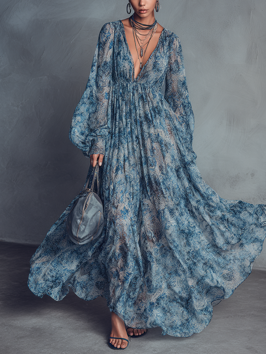 Vestido maxi boho de gasa con estampado floral azul, escote en V y mangas farol