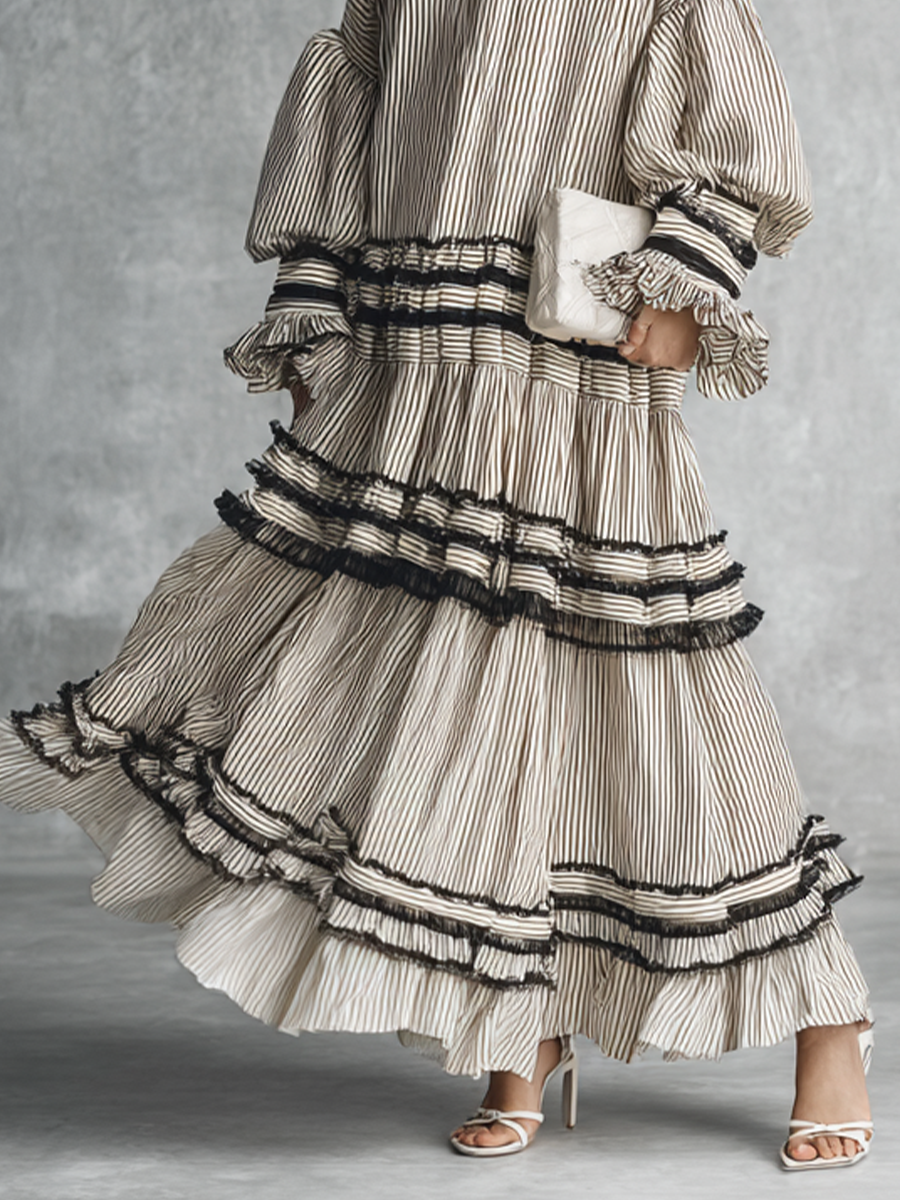 Vestido maxi largo boho de rayas con volantes