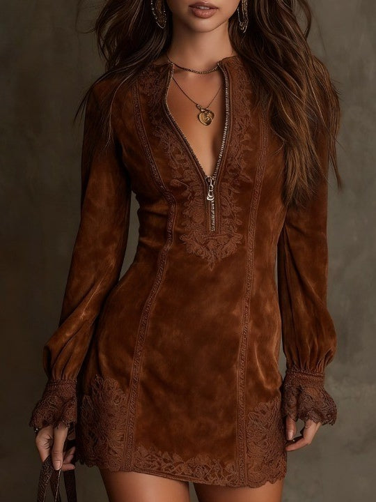 Azulena ❘ Minivestido vintage de ante con encaje
