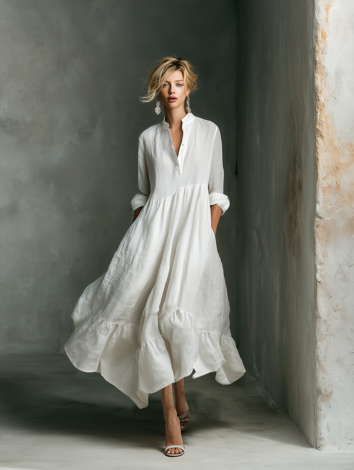 Vestido largo blanco de manga larga con volantes